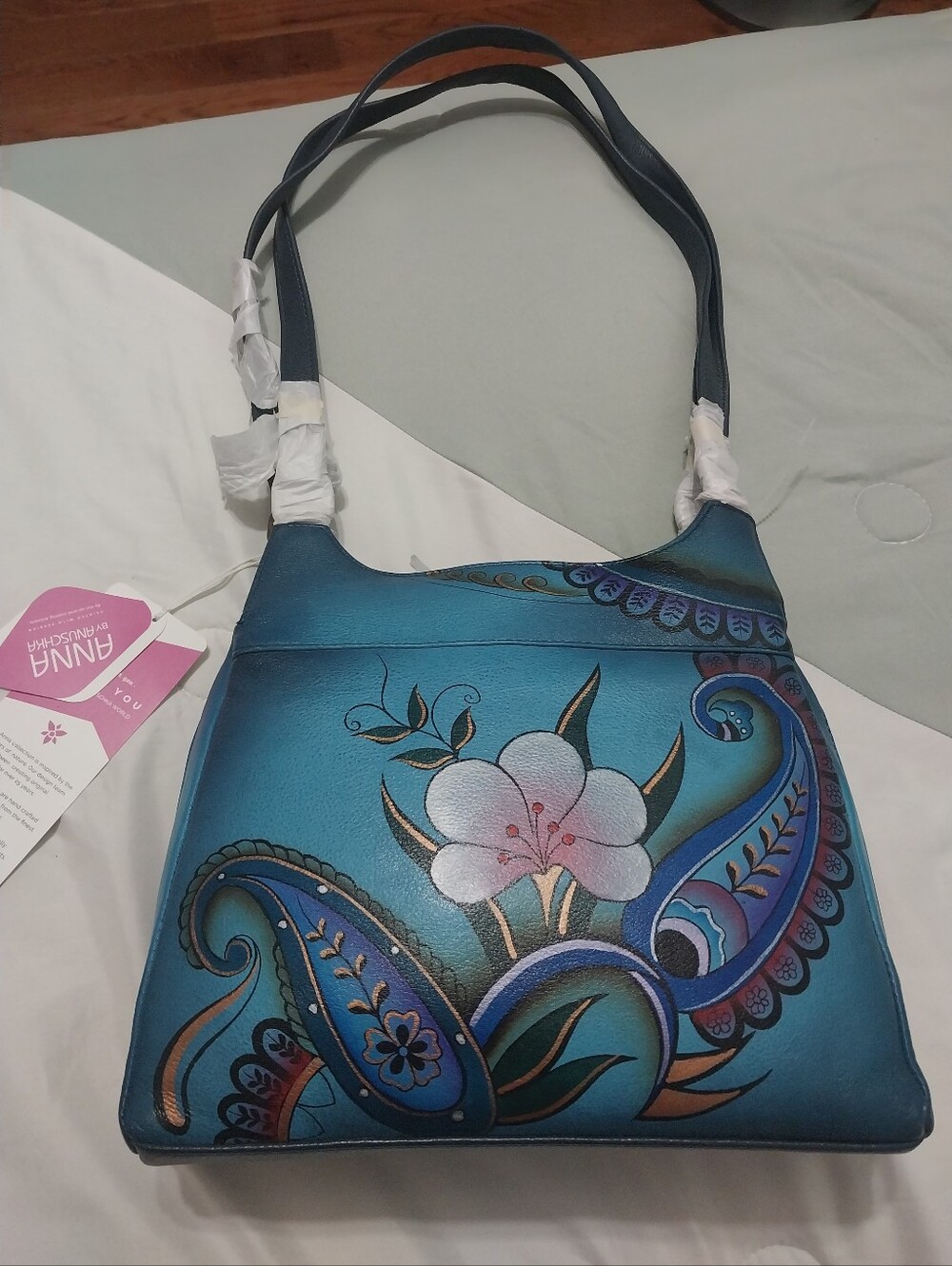 Anuschka Teal Hand-Painted Floral Leather Shoulder Bag New With Tags